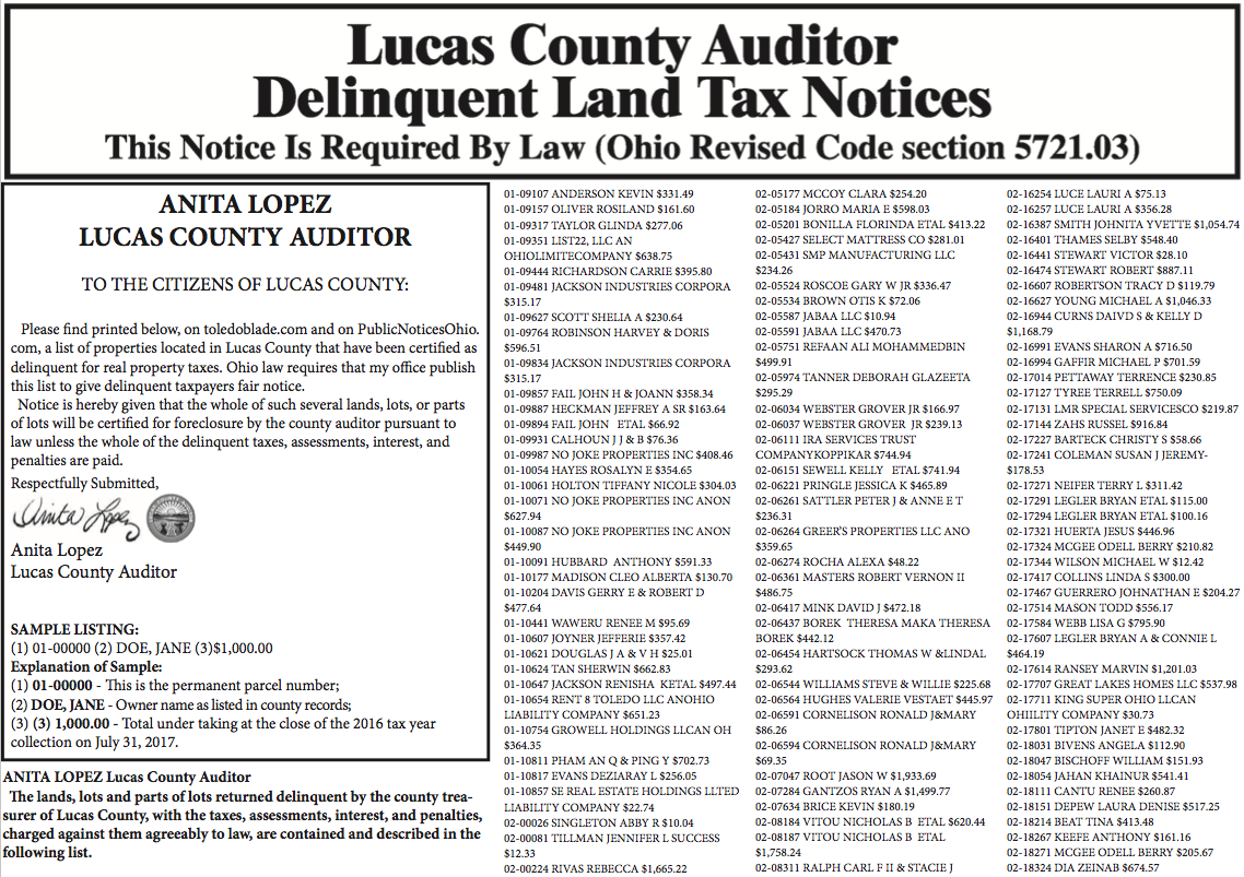 LUCAS COUNTY AUDITOR DELINQUENT LAND TAX NOTICES The Blade