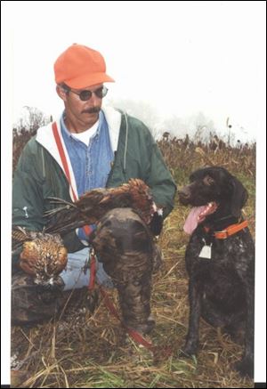 Hunting guide Ralph Krueger of Archbold examines his quarry of rooster pheasants pointed by his Drahthaar retriever, Eddie.