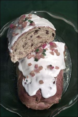 Wixey Bakery bakes German stollen in a loaf; traditionally the bread is folded over.