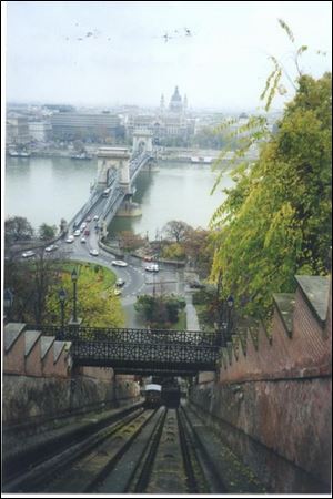 A trip down Castle Hill on the Siklo funicular offers a dramatic view of Pest and the Chain Bridge spanning the Danube River.