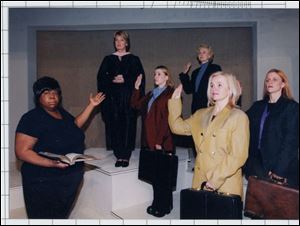 Sandra Kay Stewart, left, Cindy Eberhardt, Jessica Joy Kemock, Dana J. Pilrose, Debra Ross Calabrese, and Wendy Bethune rehearse a song for A . . . My Name is Alice.