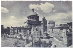 The First Church of Christ, Scientist, with steeple in foreground, was founded by Mary Baker Eddy in 1879 in Boston. The church's headquarters, with dome, is on the left.