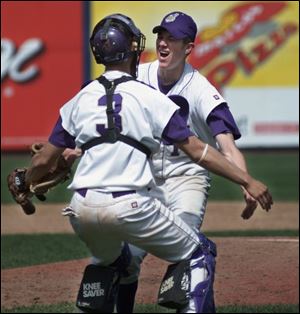 Waite catcher David Quiroga runs to the mound to celebrate with pitcher Justin Sibberson after the Indians stopped Start.