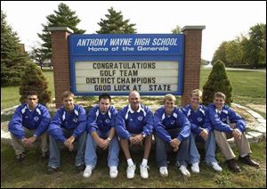 Anthony Wayne, which won the district title, includes, from left, Antonio Verne, Chris Malczewski, Ryan Burdo, coach Steve Mossing, Brian Roser, Justin Bytnar and Chris Mathews. The state tournament is this weekend.