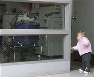 One-year-old Krista Hall peeks into the orderly room for her father, Keith Hall, at the Navy and Marine Reserve Center.