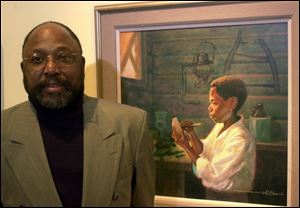 HIS WORK: Toledo artist Wil Clay is with one of his paintings, ‘The Real McCoy' at National City Bank.