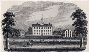 An 1846 drawing by Henry Howe shows Cutler Hall at Ohio University in Athens. Construction began in 1816 and was finished in 1819.
