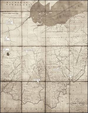 In 1806, three years after Ohio became a state, John F. Mansfield of the Office of the Surveyor General drew this map. It shows about half of the state plotted into square townships. The Virginia Military Lands in southern Ohio, the western portion of the Connecticut Western Reservation, and all of the northwestern part of the state still under Indian control had yet to be divided into townships. Counties had been formed throughout the state, except in the Indian lands, where Fort Recovery and Fort Defiance are the only organized settlements. The Maumee River and Maumee Bay were labeled the Miami River and Miami Bay, their original names.