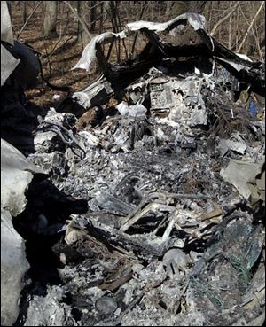 The burned-out cockpit is among the wreckage in Oak Openings.