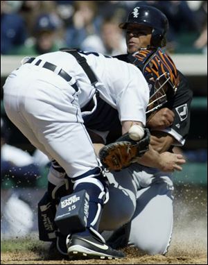 Carlos Lee of the Chicago White Sox scores by knocking the ball from the grasp of Detroit catcher Brandon Inge.