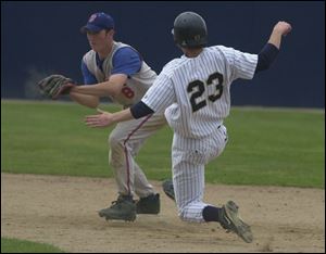 St. Francis shortstop Tom Gerken takes a throw that forces St. John's runner Bob Grimm at second base.