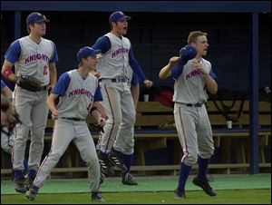 St. Francis players leap from the bench to celebrate a game-winning double off the bat of Jordan Lonchyna.