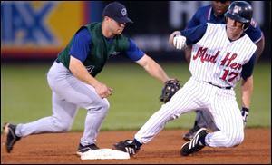 Toledo second baseman Danny Klassen beats the tag of Charlotte second baseman Aaron Miles to open the sixth inning last night at Fifth Third Field. Klassen went 3-for-4, including two doubles.
