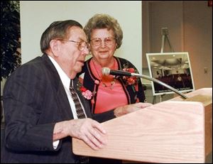 Mr. McMaster and his wife, Helen, are feted at the Mileti Alumni Center at Bowling Green State University in October, 1999, for their donation of $750,000 to the university.