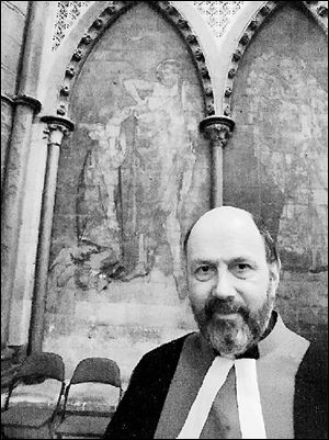 Bishop Tom  N.T.  Wright, Anglican bishop of Durham,
England, stands in front of the 1280-1300 painting, The
Incredulity of Thomas, in Westminster Abbey, London.
