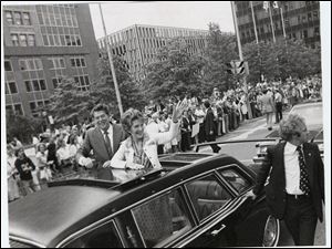 Ronald and Nancy Reagan campaign in Levis Square before the Ohio primary during a trip to Toledo on May 30, 1980.
