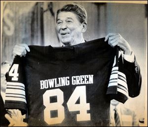 President Ronald Reagan was given a Bowling Green State University football jersey during his visit to campus on Sept. 26, 1984. Spectators began arriving before dawn for the speech.