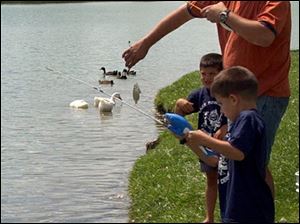 Nbr  friend07p  Friendship Park, Cummings Rd.,  Landon Zura 5 (background), father Craig Zura and  brother Reid 4 (with rod), were also fishing.  The group had caught 5 small fish at this point and released them all to grow bigger. .  Diane Hires  8/7/04