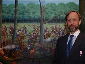 Alabama artist Dean Mosher with his painting "The Battle of Fallen Timbers" at the Fort Meigs museum. Lisa Dutton 08/18/2004 NBR meigs18p 1.jpg