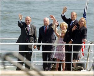 Arriving at Ellis Island, off Manhattan, are, from left, former New York mayor Rudy Giuliani, Vice President Dick Cheney, his wife, Lynne, an unidentified Cheney grandaughter, and Gov. George Pataki of New York and his wife, Libby.