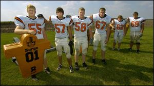 Otsego's offensive line includes all returning starters - from left, Adam Thomas, Cale Swanson, Nick Horen, Caleb Clark, Todd Wilson and Ryan Moser.