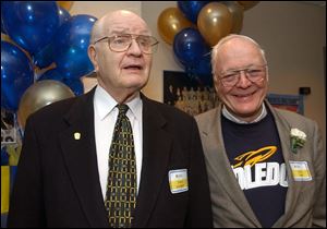 GIVERS: Major donors Jack Jacobson, left, and John Neff enjoy their time in the presidential tent
