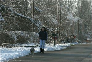 Linda Bearcaw walks her dog along Jo Jean Road in Allen County, where power is expected to be restored by Thursday.
