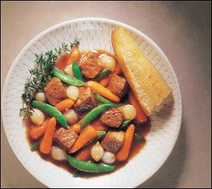 Make Burgundy Beef and Vegetable Stew with homemade beef broth flavored with bouquet garni.