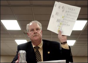 Toledo Zoo Executive Director William Dennler holds up organizational diagrams while answering questions from the Special Citizens Task Force. The chairman halted the questions after an hour and a half at yesterday s meeting. 