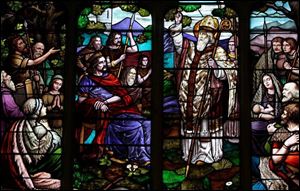 The stained-glass window in the Historic Church of St. Patrick's is one of 21 in Ohio that that are known to have been paid for by the Ancient Order of Hibernians. The window's centerpiece features a large pastoral scene of St. Patrick preaching, representing the birth of Christianity in Ireland. 