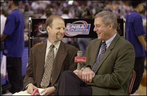 Marc Zumoff, left, and Steve Mix are the Philadelphia 76ers' television broadcasters. Mix, a standout at the University of Toledo, has worked 76ers games on radio or TV for 18 seasons.
