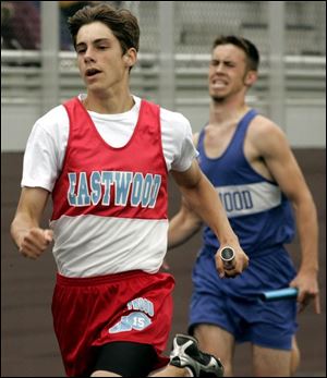 Eric Gerwin runs to victory for Eastwood in the 800 relay. The Eagles scored a school-record 193 points in the meet.