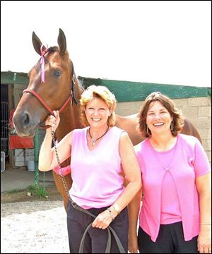 Nancy Greenfield, left, and June White with their 3-year-old trotting filly Pink Ribbons, who has won more than $138,000 at the races. Some $13,000 of that has gone to the Victory Center in South Toledo.