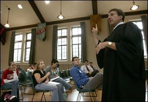 Seneca County Common Pleas Court Judge Steve Shuff fields questions from students during a break between cases.