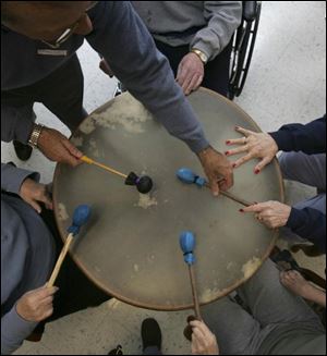 Harborside Health Care residents in Swanton participate in a music stimulatiopn program led by David Rogers. He provides such programs to facilities for the elderly and disabled.