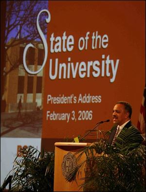 Sidney Ribeau, the president of Bowling Green State University, expresses concern about declining state support for higher education in his State of the University address. He noted that BGSU is on solid footing, with 11,000 applications for 3,600 fall spots.