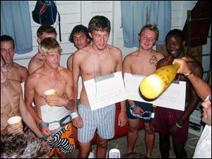 Tiffin University is investigating whether these men were welcomed to the soccer team with a hazing incident.