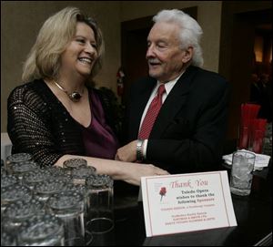 IN KEY: Ann Sanford and Bernie Leiter chitchat during the Toledo Club event for the opera gala.