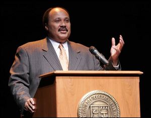 'I must say we've had great strides in this nation, but we still have a long way to go,' Martin Luther King III, eldest son of the slain civil rights leader, says in a talk at Lourdes College.