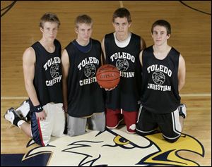 From left, Jacob Weemes (13.1 points per game), Blake Powell (10.3), Kyle Bensch (13.3) and Tyler Boris (10.1) all contribute to Toledo Christian's success.