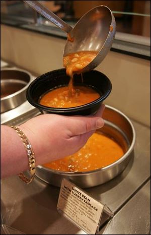 The restaurant serves a rotating selection of a dozen varieties of soup daily.