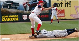 Mud Hens second baseman Ryan Raburn awaits the throw as Danny Garcia of Columbus slides into the base in yesterday's game. Garcia was safe. The Hens improved to 8-10.