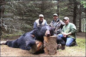 Toledo area physician and avid hunter, Chip Evanoff, center, is flanked by hunting lodge owner Donald Hebert, left, and guide Serge Allain as they pose behind the bear Evanoff shot.