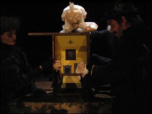 From left, Gwendolyn Warnock as Torvald, Kirjan Wagge as Little Ibsen, and David Arkema as Mini Ibsen in the company s production of The Death of Little Ibsen. The puppet show for adults, based on the life of Norwegian playwright
Henrik Ibsen, was performed from April 29 to June 11 in the Sanford Meisner Theater in New York.
