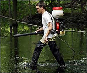 Dan Zegarac of the Toledo Area Sanitary District sprays BTI, a safe chemical for people but not mosquitoes, in Holland.