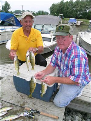 Jerry Meyers Sr., left, and Dan Tucker heft some fine yellow perch taken on a western Lake Erie expedition.

