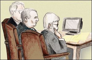 Courtroom sketch shows Tom Noe, center, and his attorneys at his sentencing today.