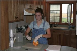 Laura Bruner, an Ohio State University sophomore, slices a squash, although it's likely she won't eat it.