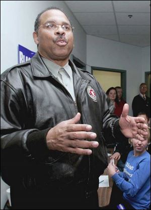 Republican Ken Blackwell touts the area's labor force during a stop in Maumee, one of his many area destinations yesterday.
