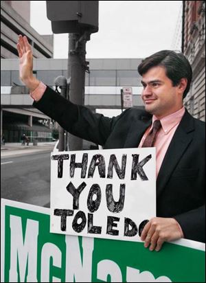 Joe McNamara, at Superior and Jefferson, says thanks to his supporters after winning the at-large council seat.